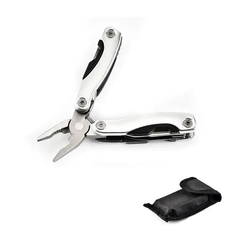 Folding multi-tool pliers with a black carrying case.