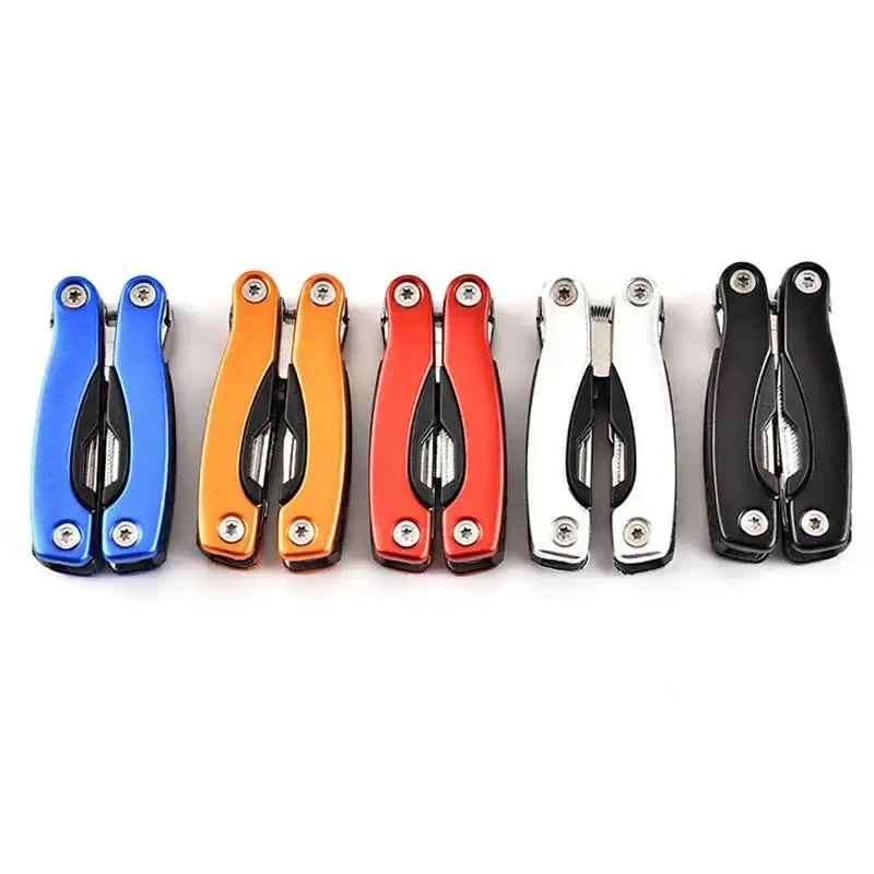 Colorful multi-tool pliers in blue, orange, red, white, and black.