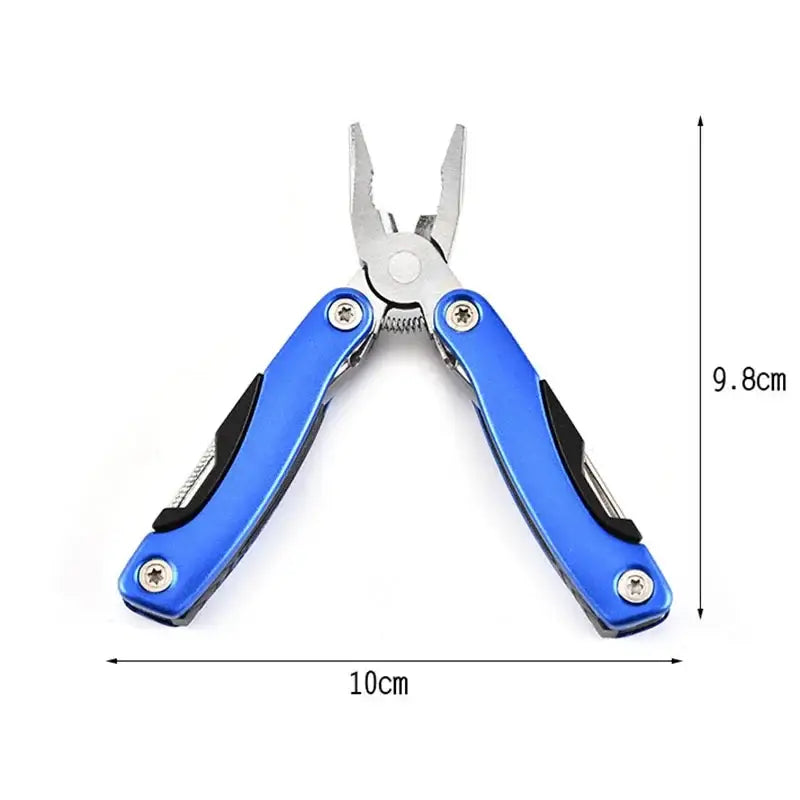 Blue-handled multi-tool pliers with folded blades.