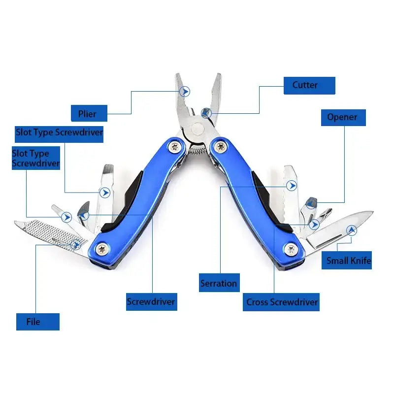 Multi-tool pliers with blue handles and various fold-out attachments.