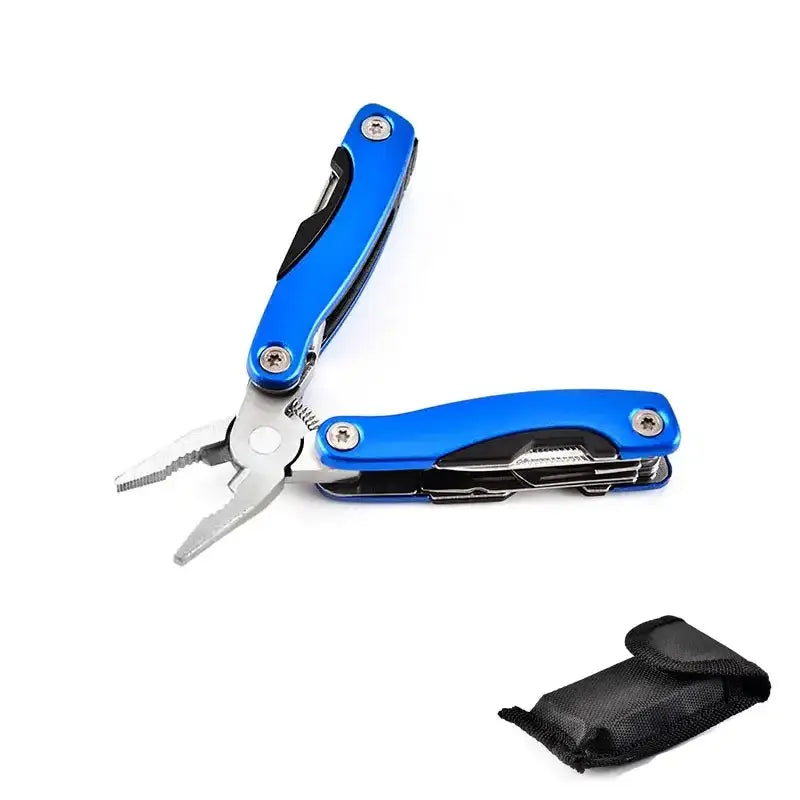 Blue multi-tool with pliers and folding implements, accompanied by a black carrying case.