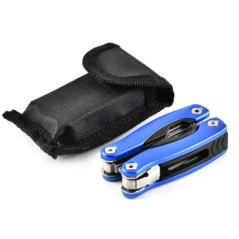 Blue and silver multi-tool with folding components and a black carrying pouch.