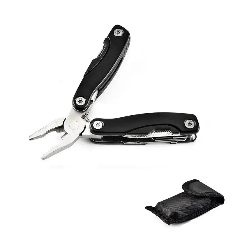 Multi-tool with pliers and folding handles, accompanied by a black carrying case.