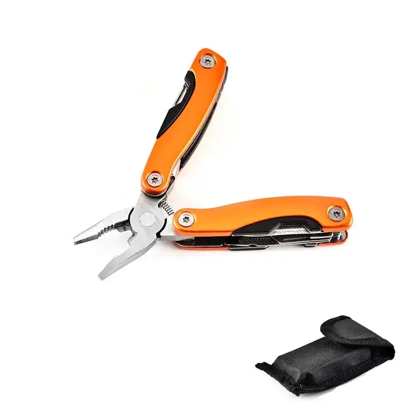 Orange-handled multi-tool with pliers and folding implements.