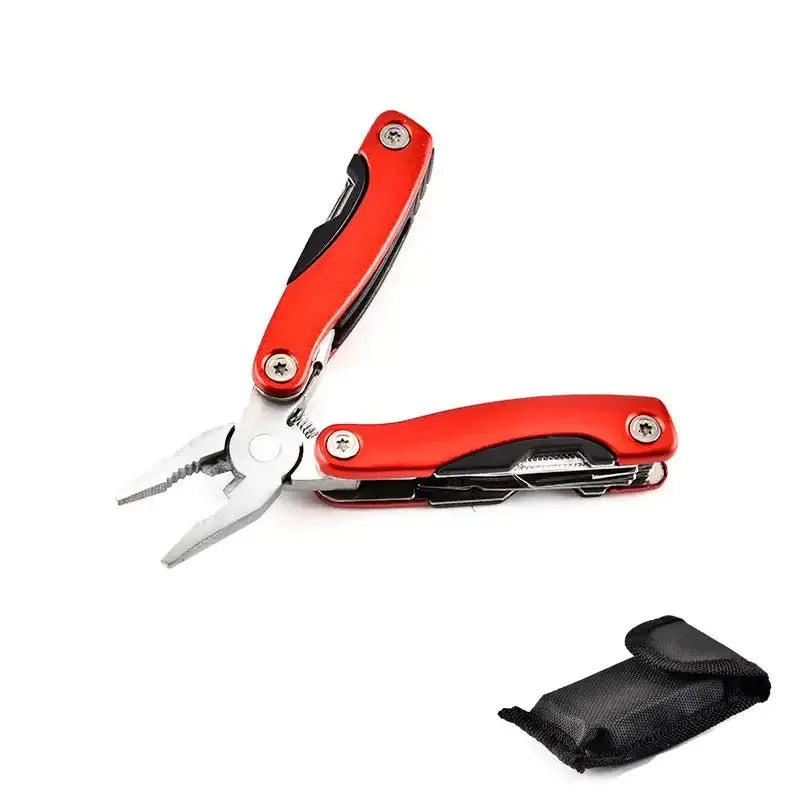 Red multi-tool with pliers and folding implements, accompanied by a black carrying case.