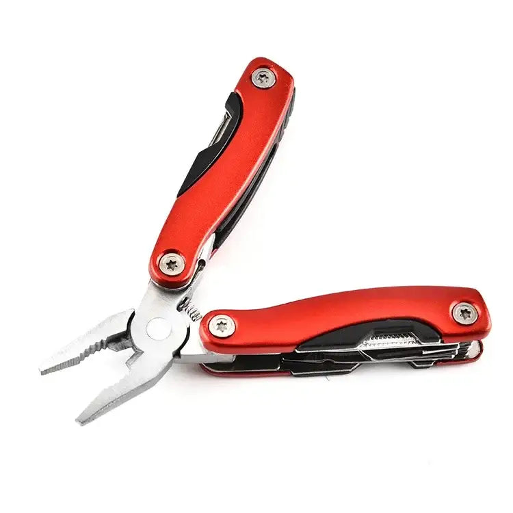 Red multi-tool with pliers and folding implements.