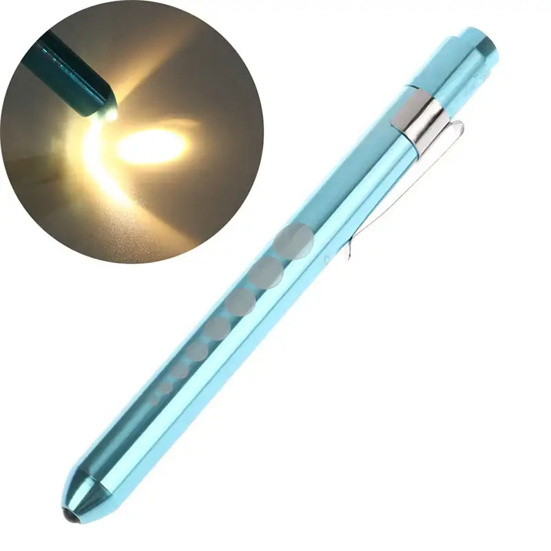 Light blue pen-shaped medical examination flashlight.