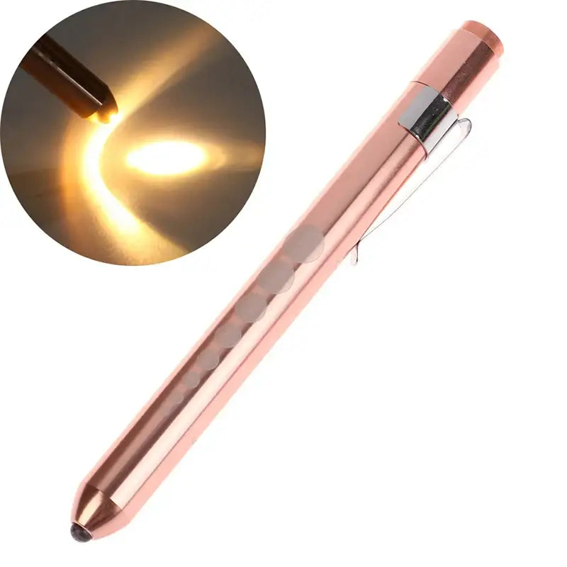 Rose gold medical penlight with a bright illuminated beam shown in a circular inset image.