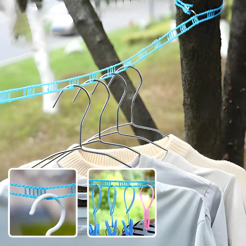 Portable clothesline with hooks and blue cord for hanging laundry outdoors.