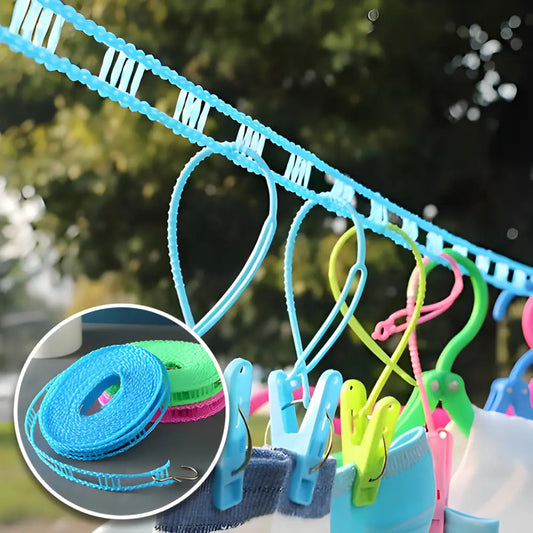 Colorful portable clothesline with plastic clips for hanging laundry outdoors.