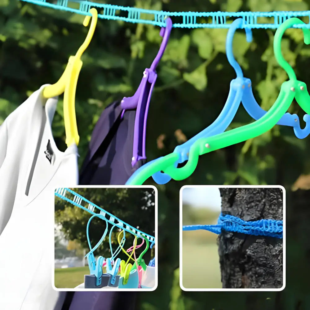 Colorful plastic hangers on a clothesline.