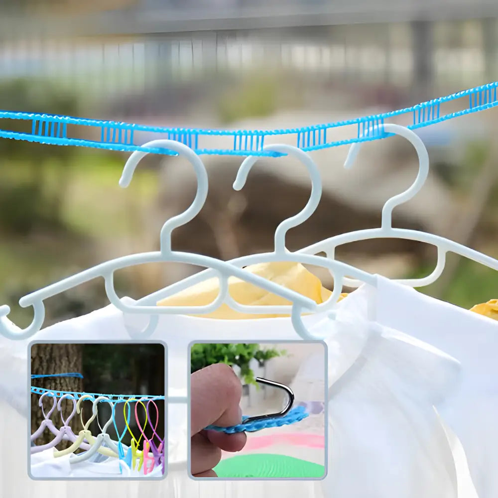 Portable clothesline with colorful plastic hangers attached to a flexible blue cord.