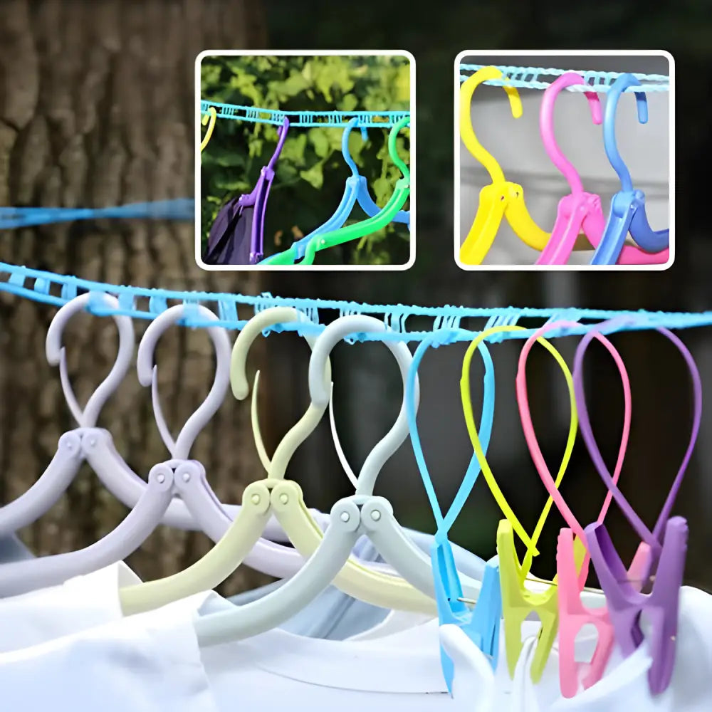 Colorful plastic hangers with flexible, twistable hooks for hanging clothes.