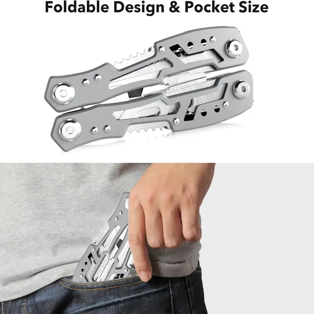 Foldable multi-tool with plier-like handles and various integrated tools.