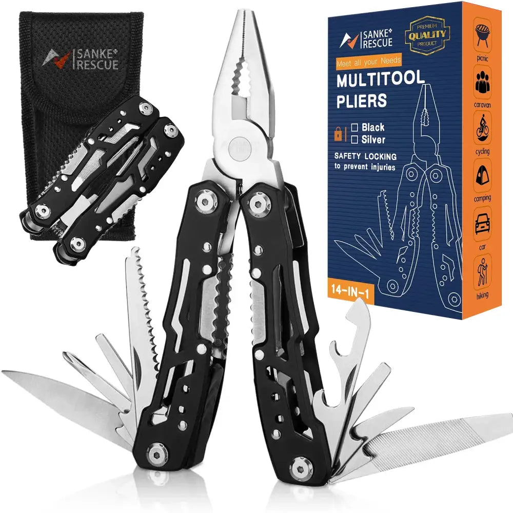 Multitool pliers with various integrated tools and a carrying case.