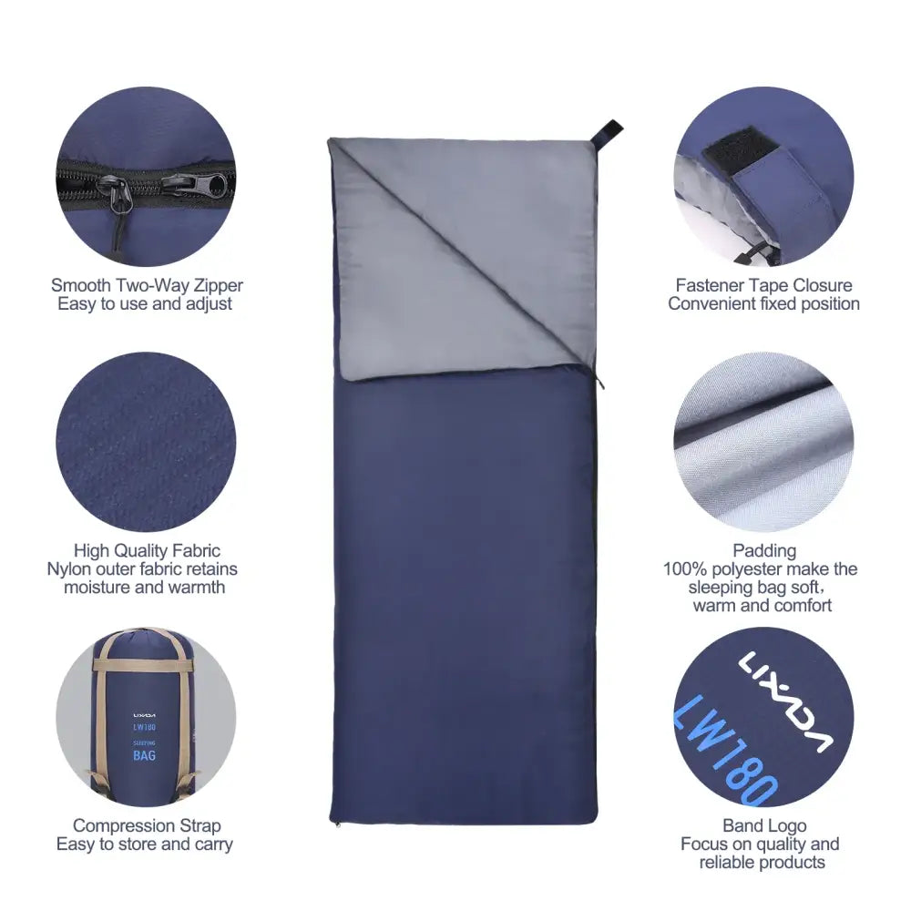 Sleeping bag with various feature callouts highlighting its design and specifications.