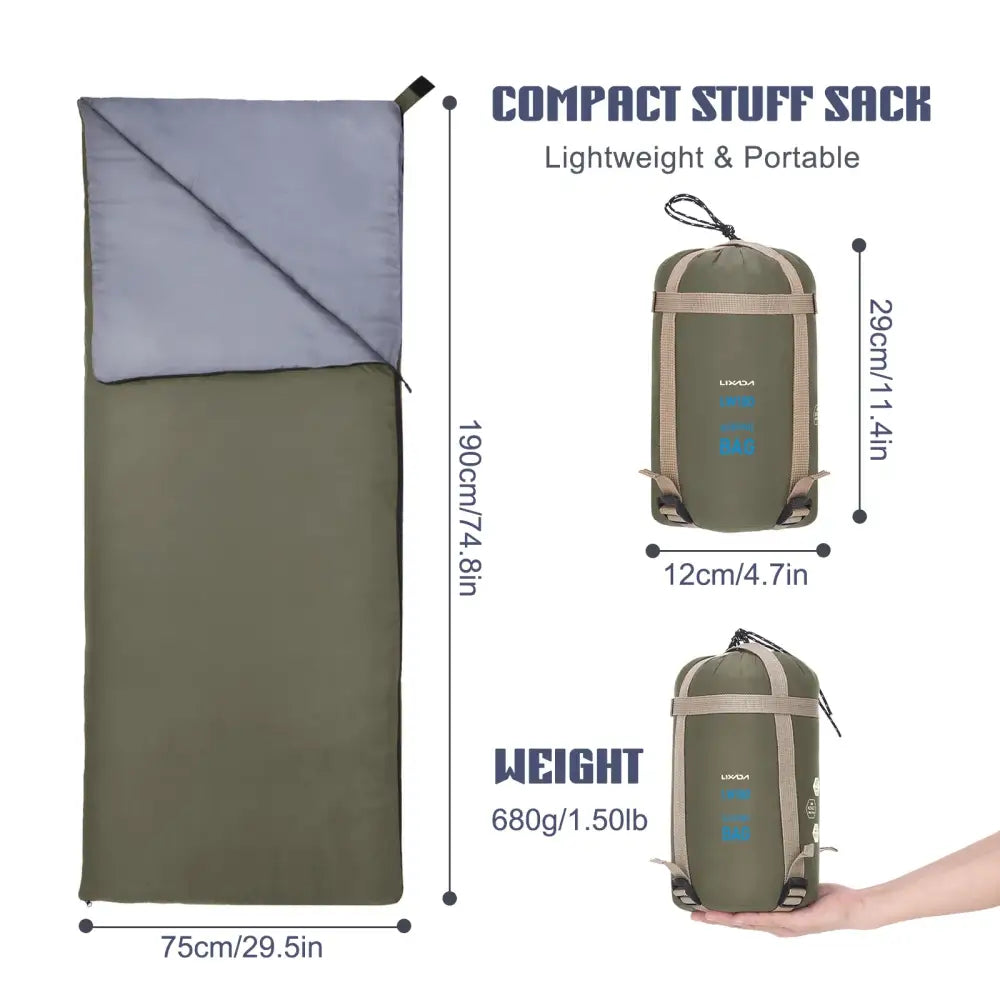 Rectangular sleeping bag with gray top and olive green bottom.