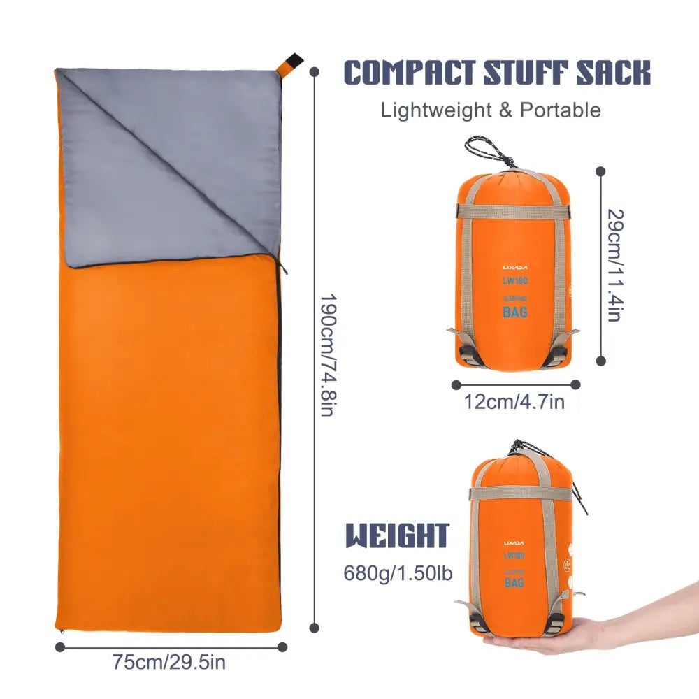 Rectangular sleeping bag with orange exterior and gray interior lining.