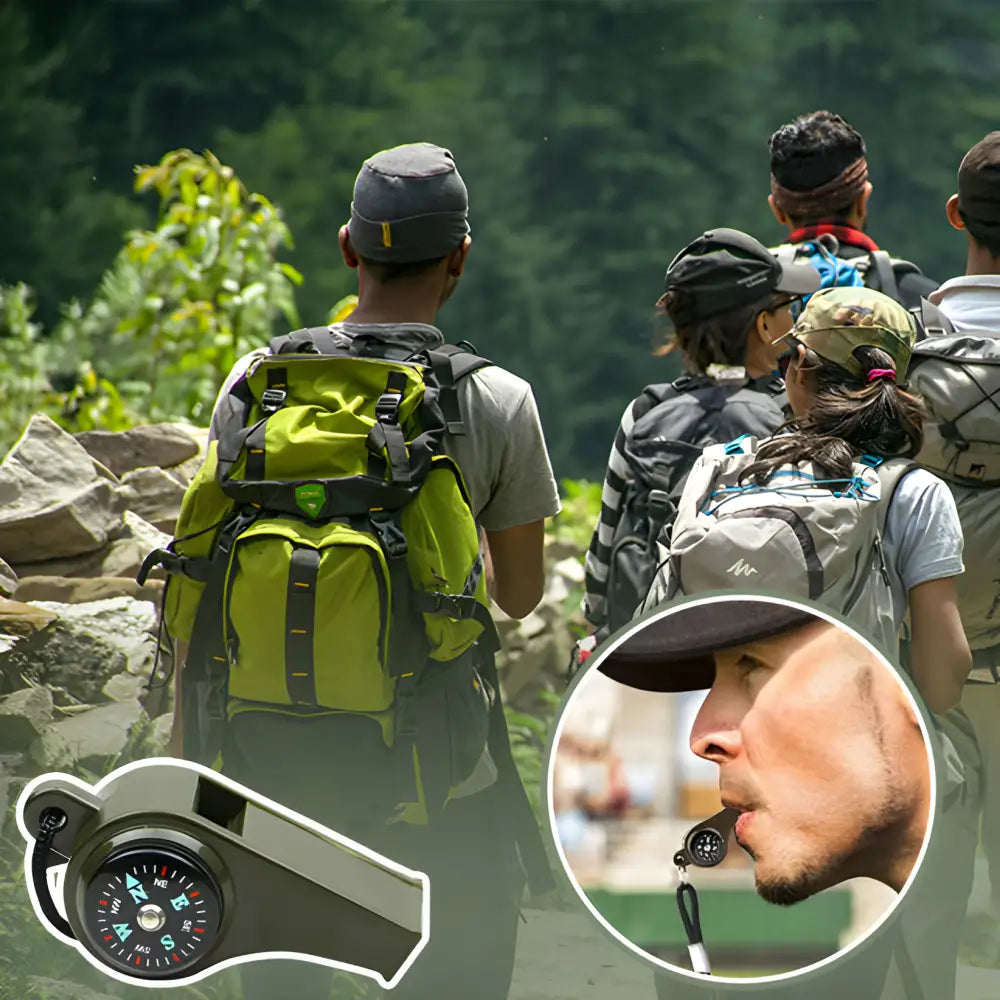 Group of hikers with backpacks walking on a trail in a forested area.