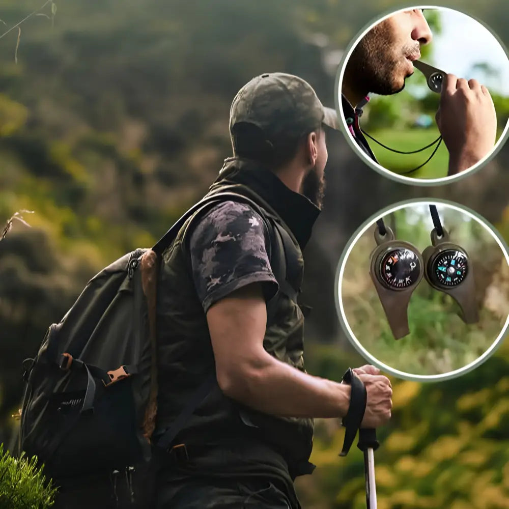 Hiker using a survival straw to filter and drink water from a natural source.