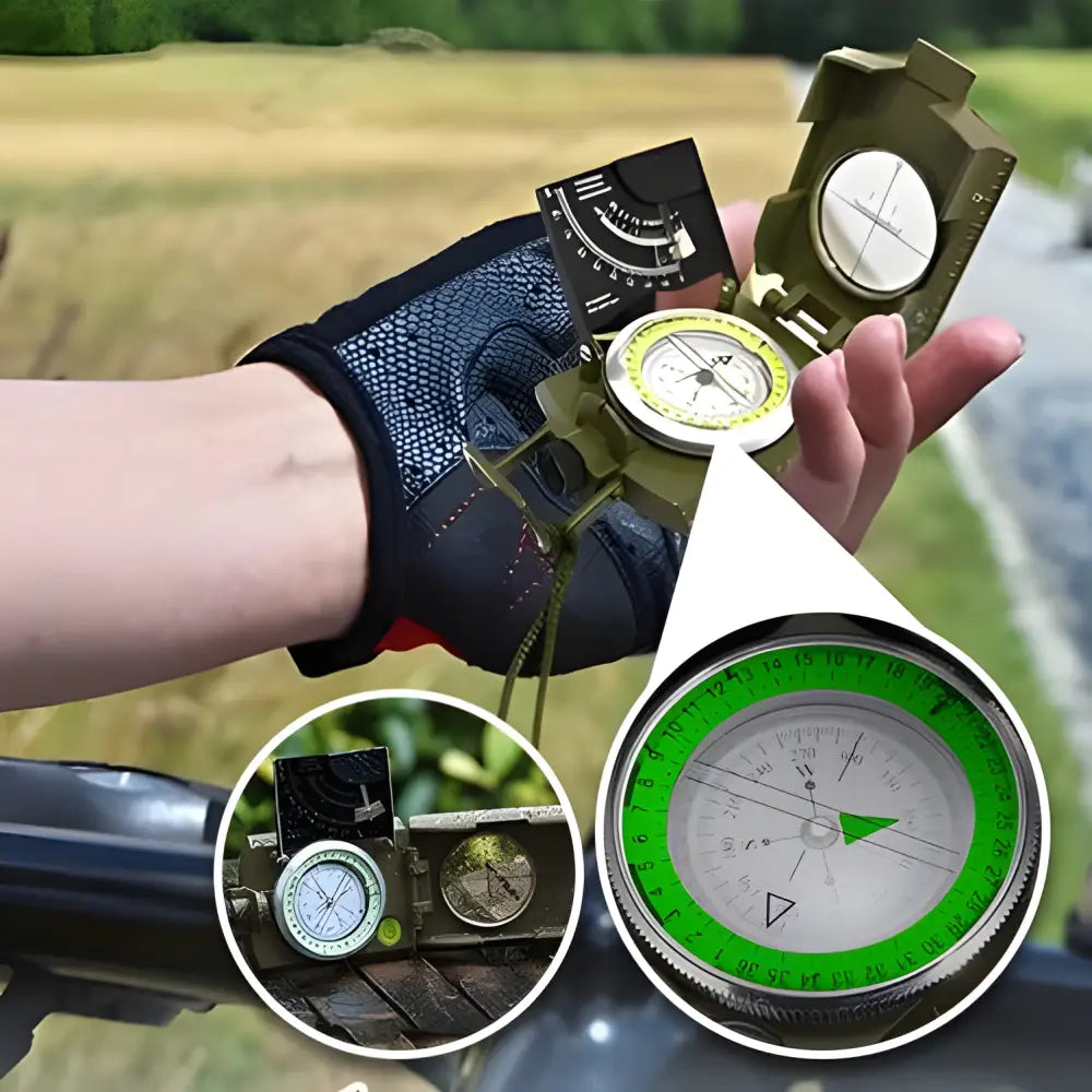 Compass being held in a gloved hand, with magnified views of its face.