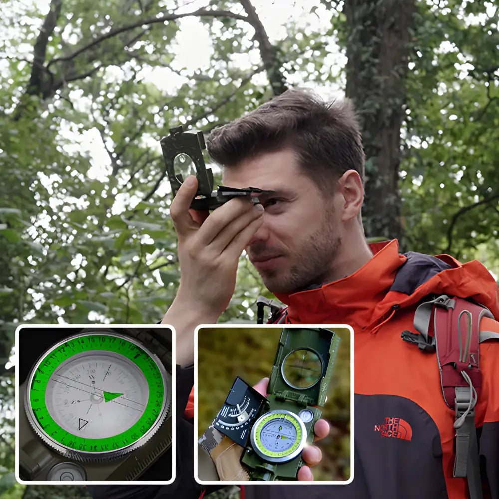 Hiker using a compass in a wooded area.