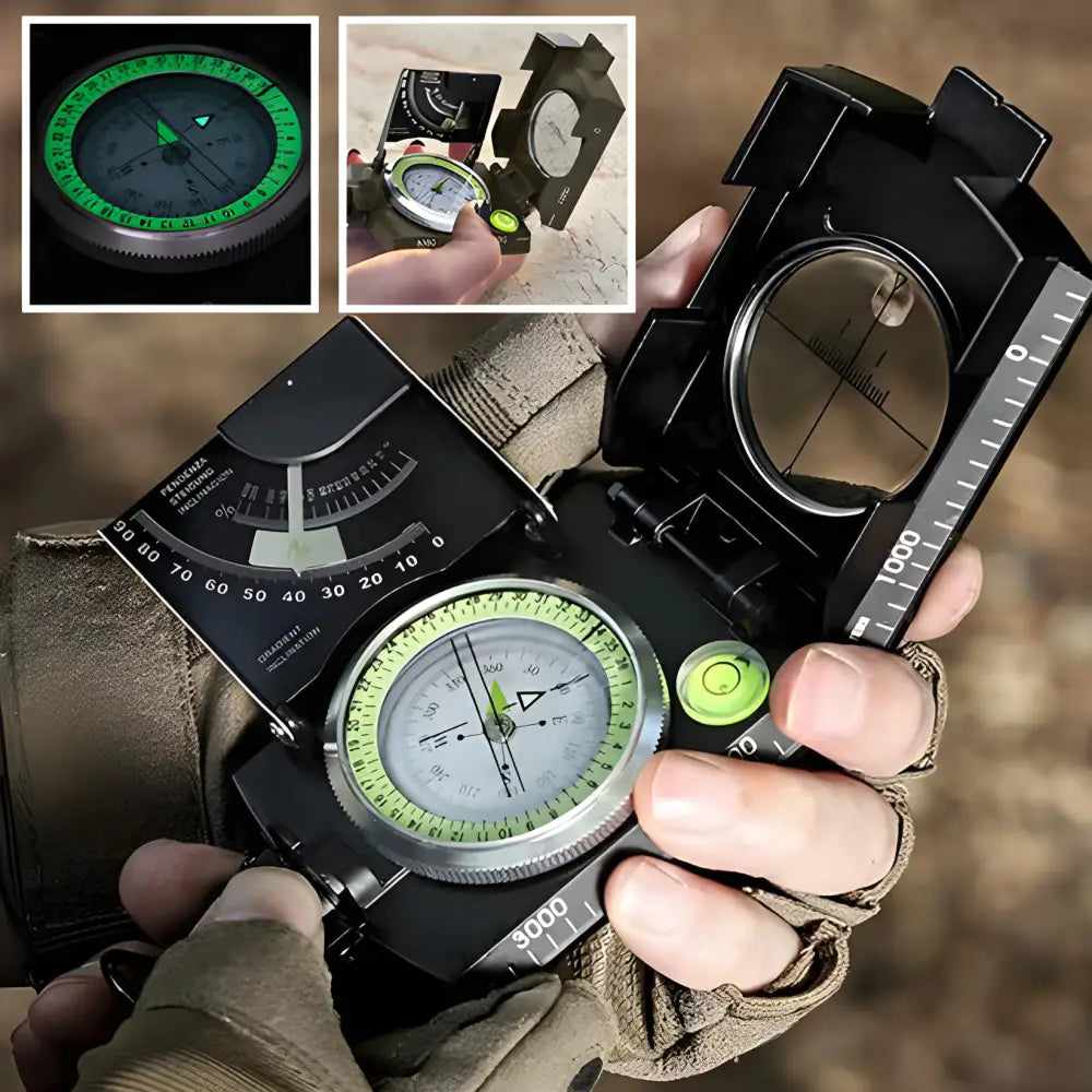 Military-style compass with multiple navigation features held in a hand.