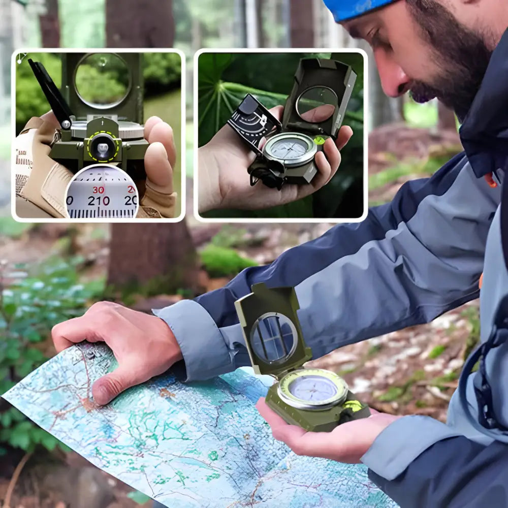 Compass being used for navigation with a topographic map in an outdoor setting.