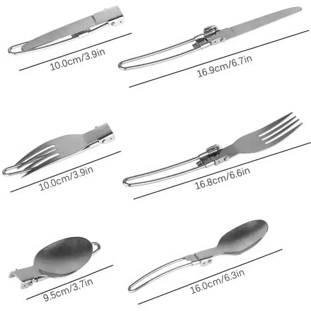 Collapsible camping utensil set featuring a knife, fork, spoon, and combination tool.