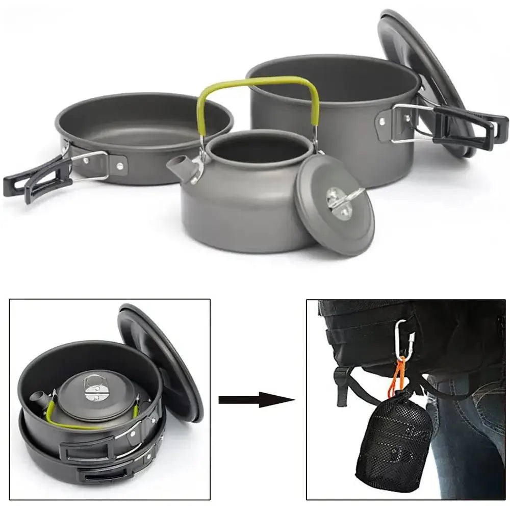 Compact camping cookware set with nesting pots and pans featuring folding handles.