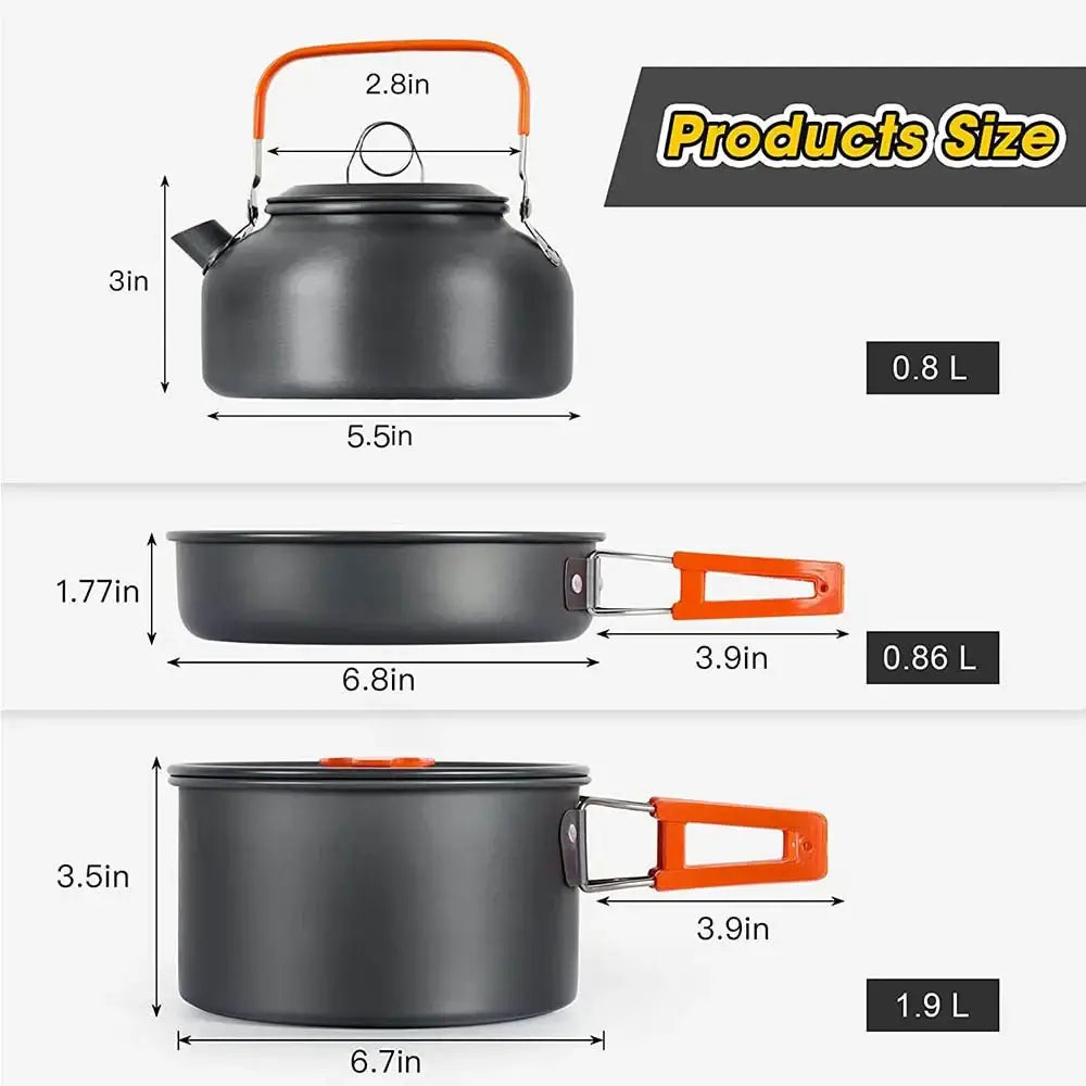 Camping cookware set featuring a kettle and two pots with orange handles and measurement details.