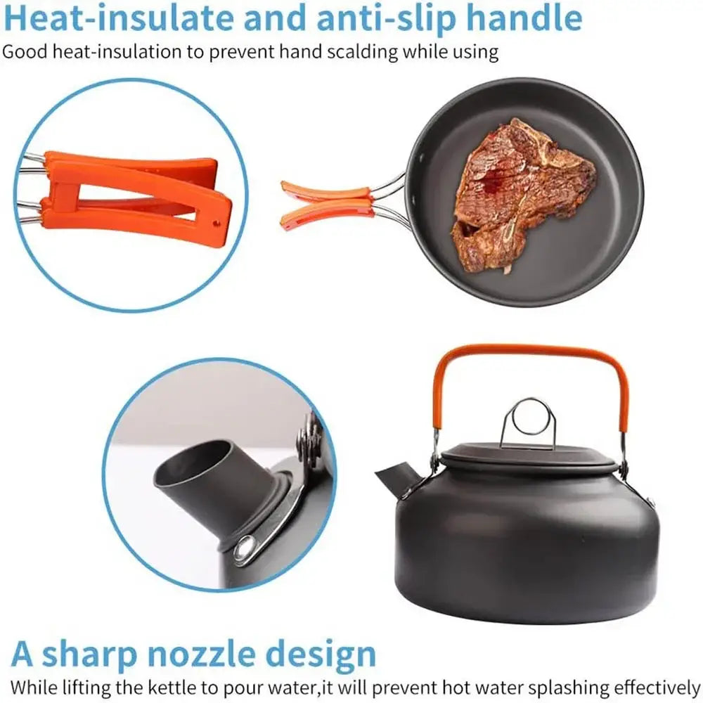 Camping cookware set featuring a frying pan, kettle, and heat-insulating handle covers.