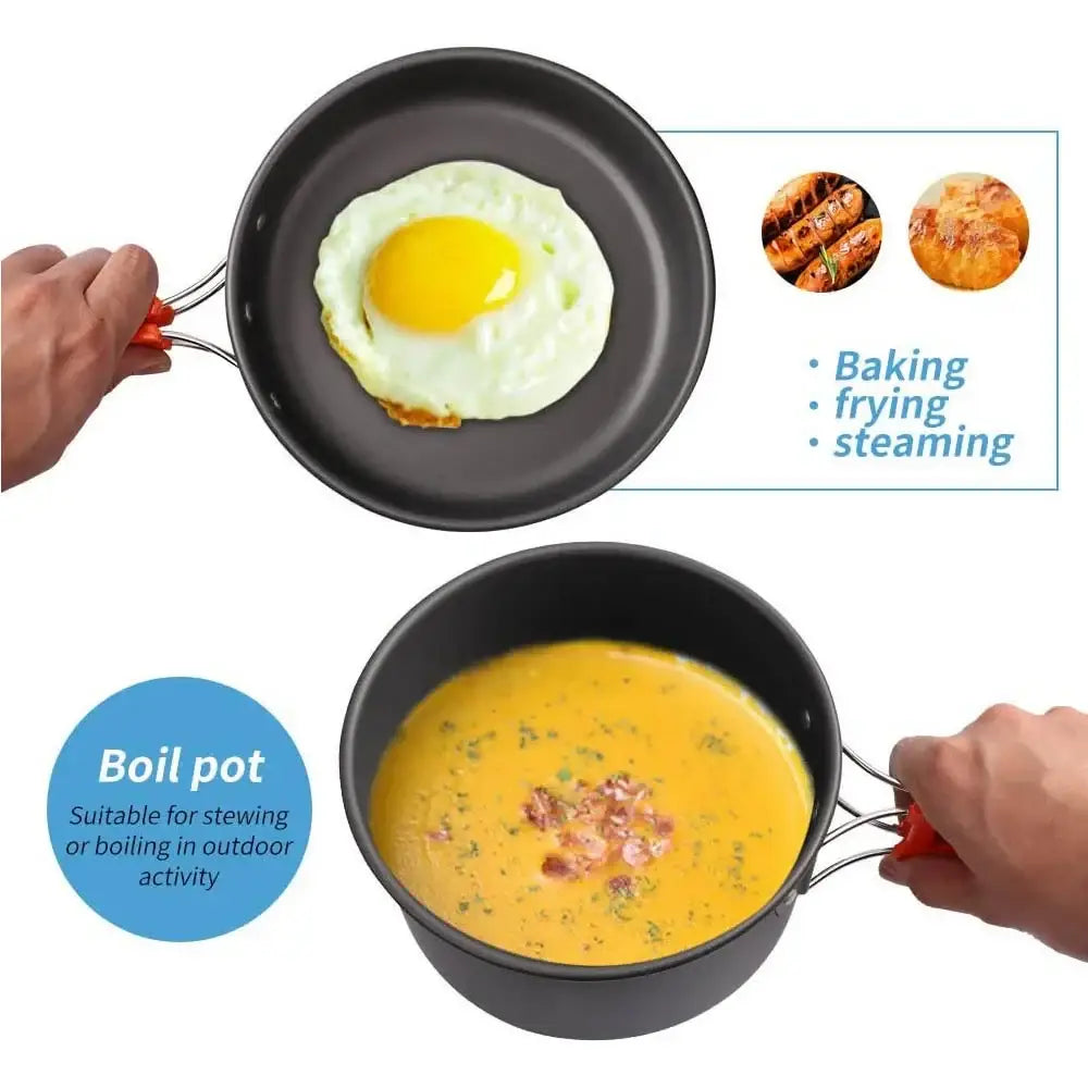 Cooking pot set with interchangeable handles for different cooking methods.