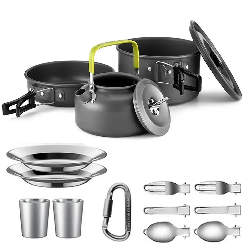 Camping cookware set featuring pots, pans, plates, cups, and utensils.