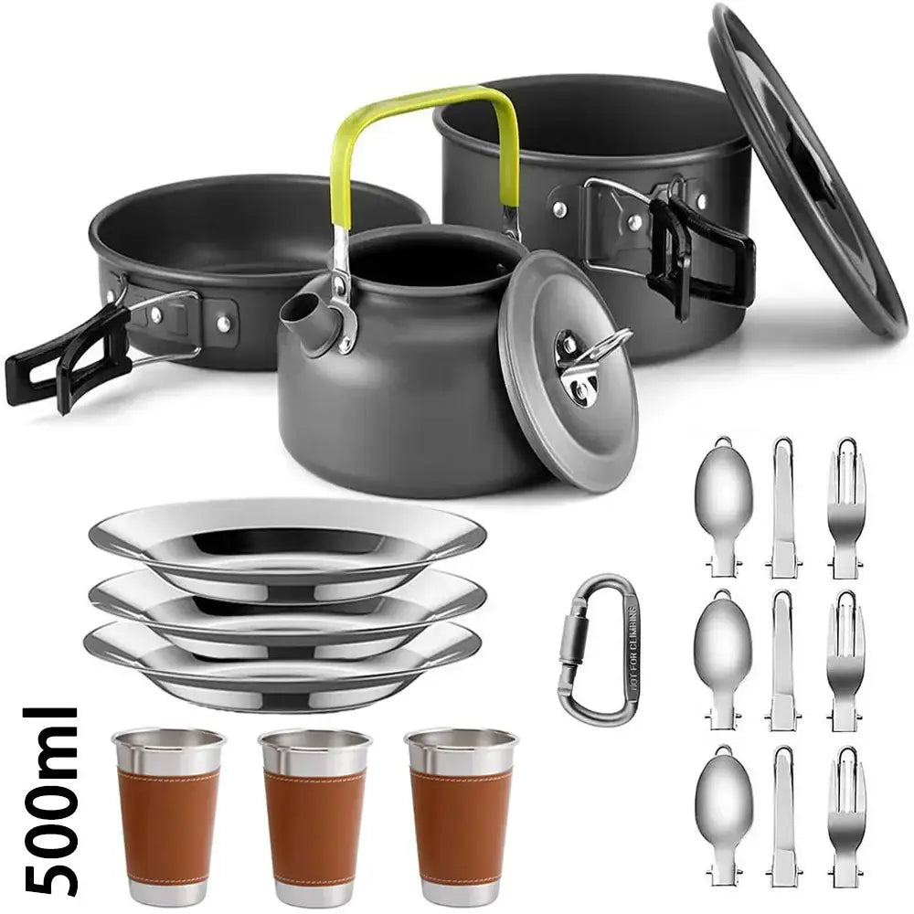 Camping cookware set including pots, plates, utensils, and cups.