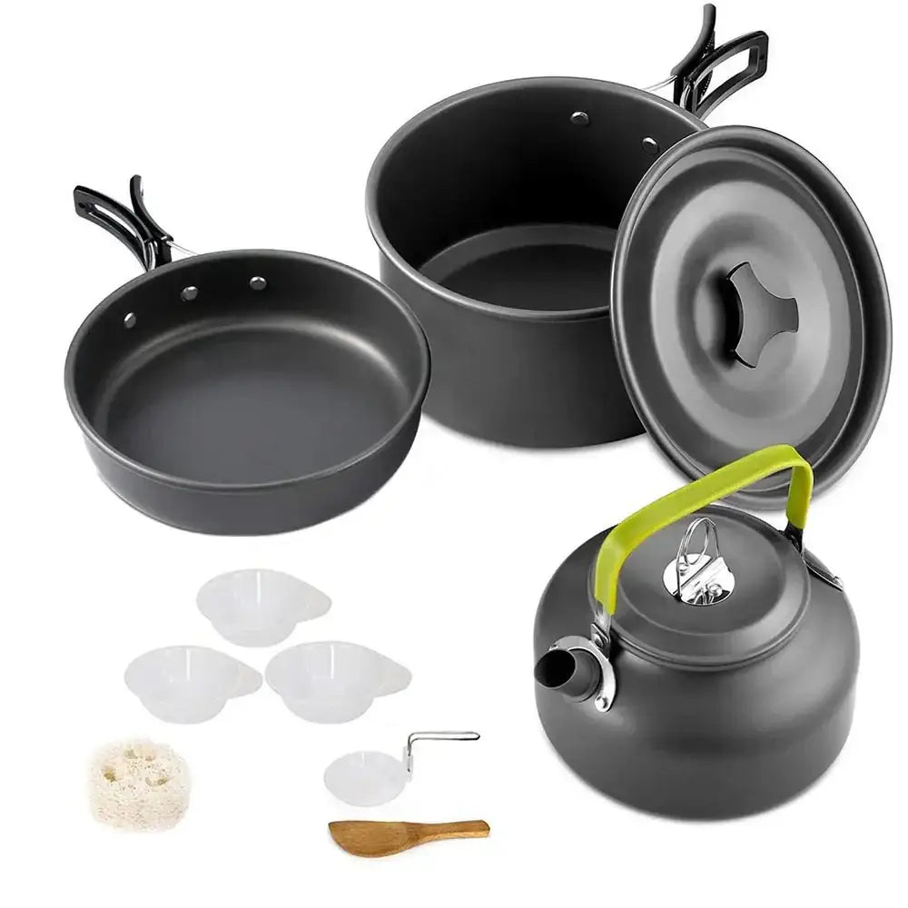 Camping cookware set including pots, pans, kettle, and utensils.