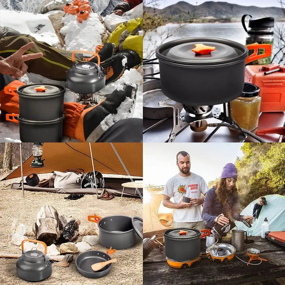 Camping cookware set featuring pots, pans, and portable stoves for outdoor cooking.