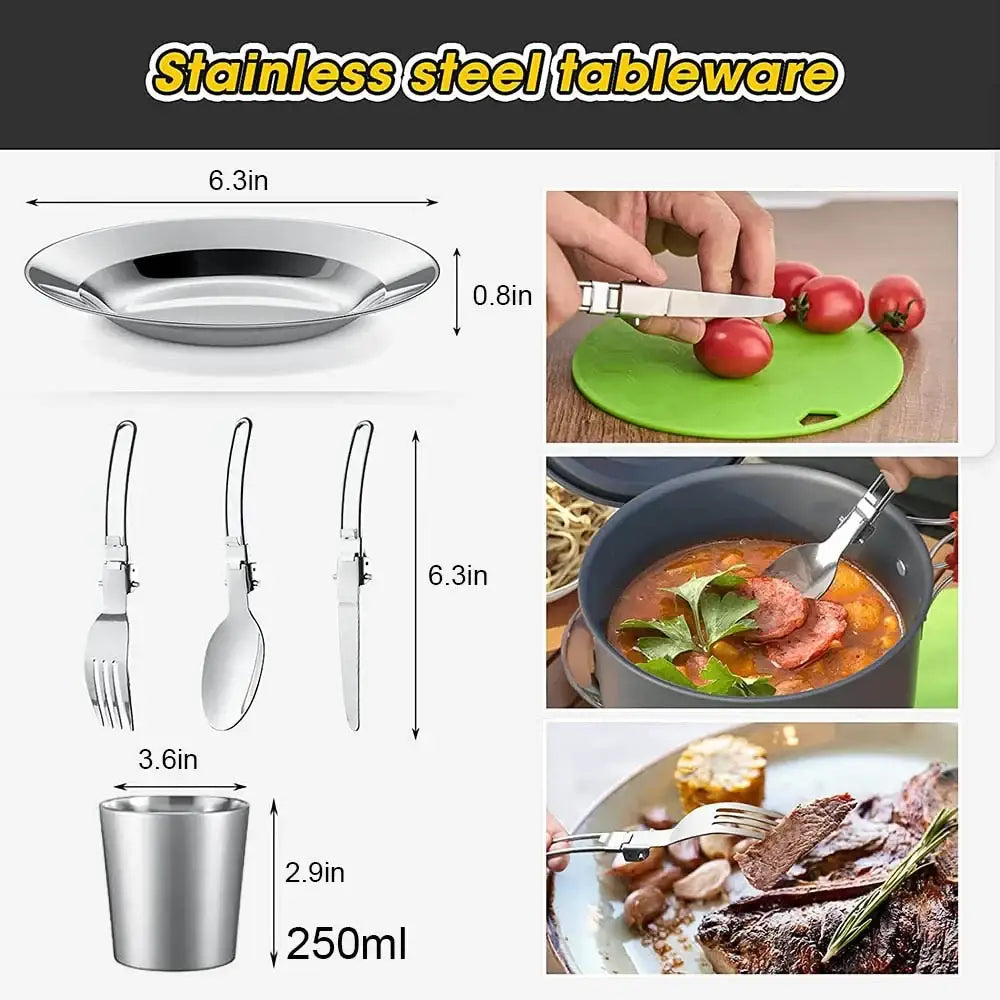 Stainless steel tableware set including plates, utensils, and a cup.