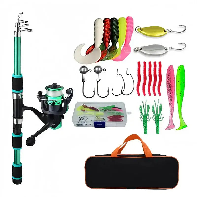 Fishing rod and tackle kit with various lures, hooks, and accessories.