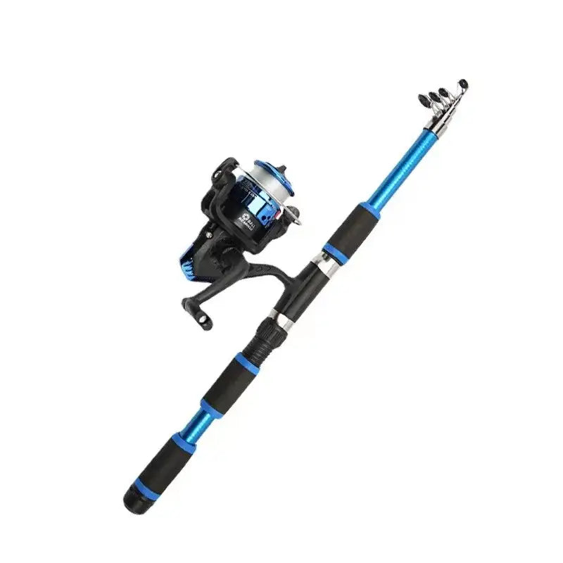 Telescopic fishing rod with attached spinning reel in blue and black colors.