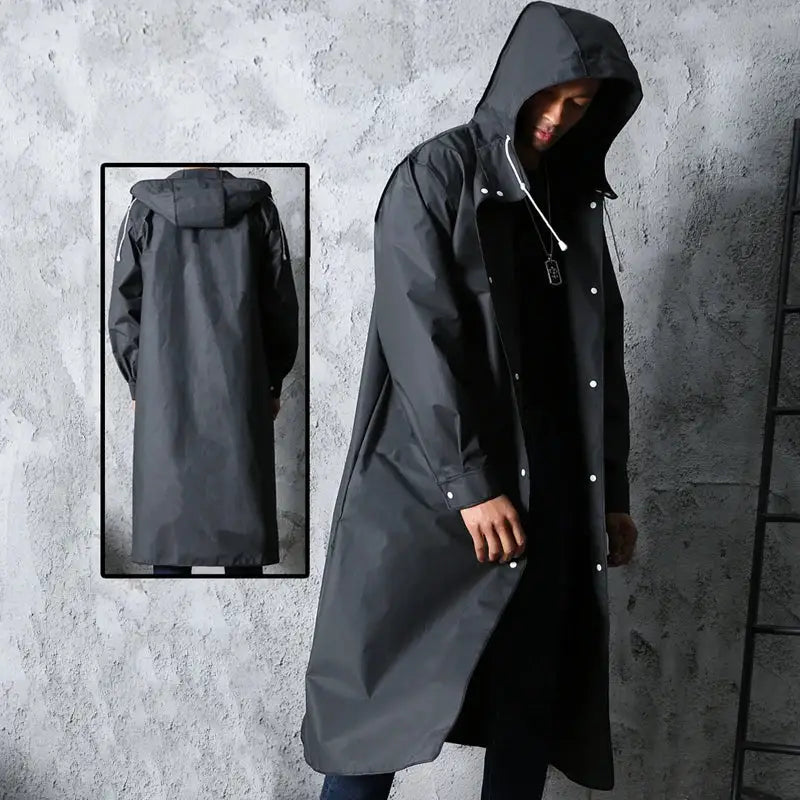 Long, hooded raincoat in dark gray with button closures.