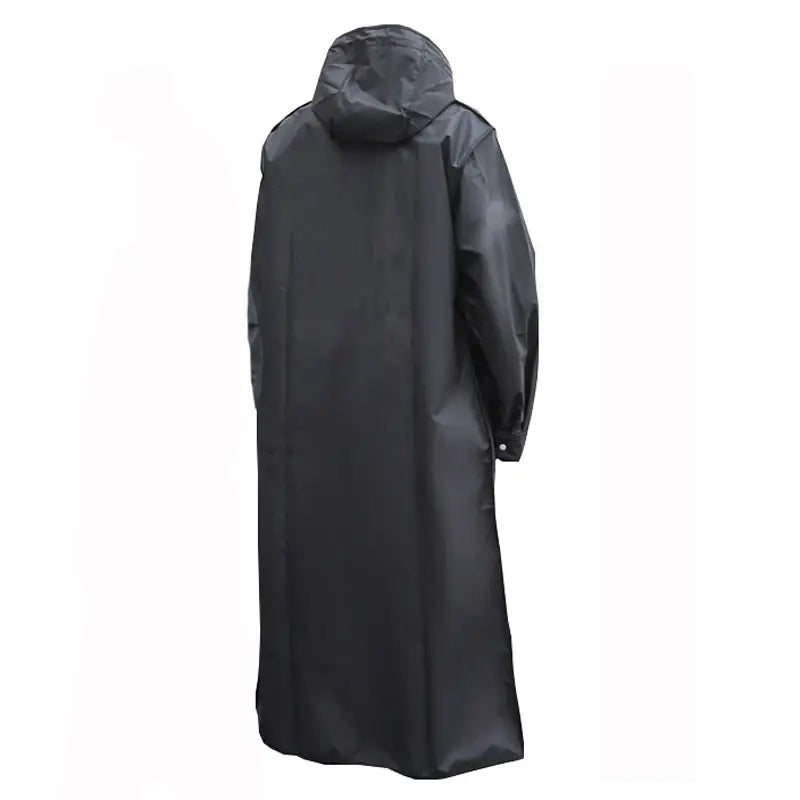 Long black hooded raincoat or waterproof coat.