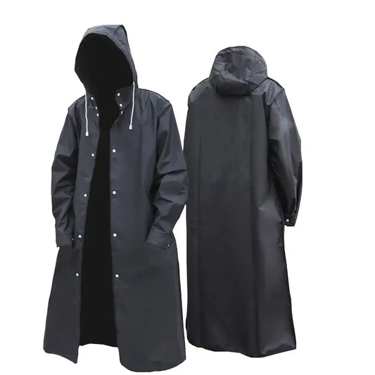 Long, dark raincoat with a hood and snap closures.