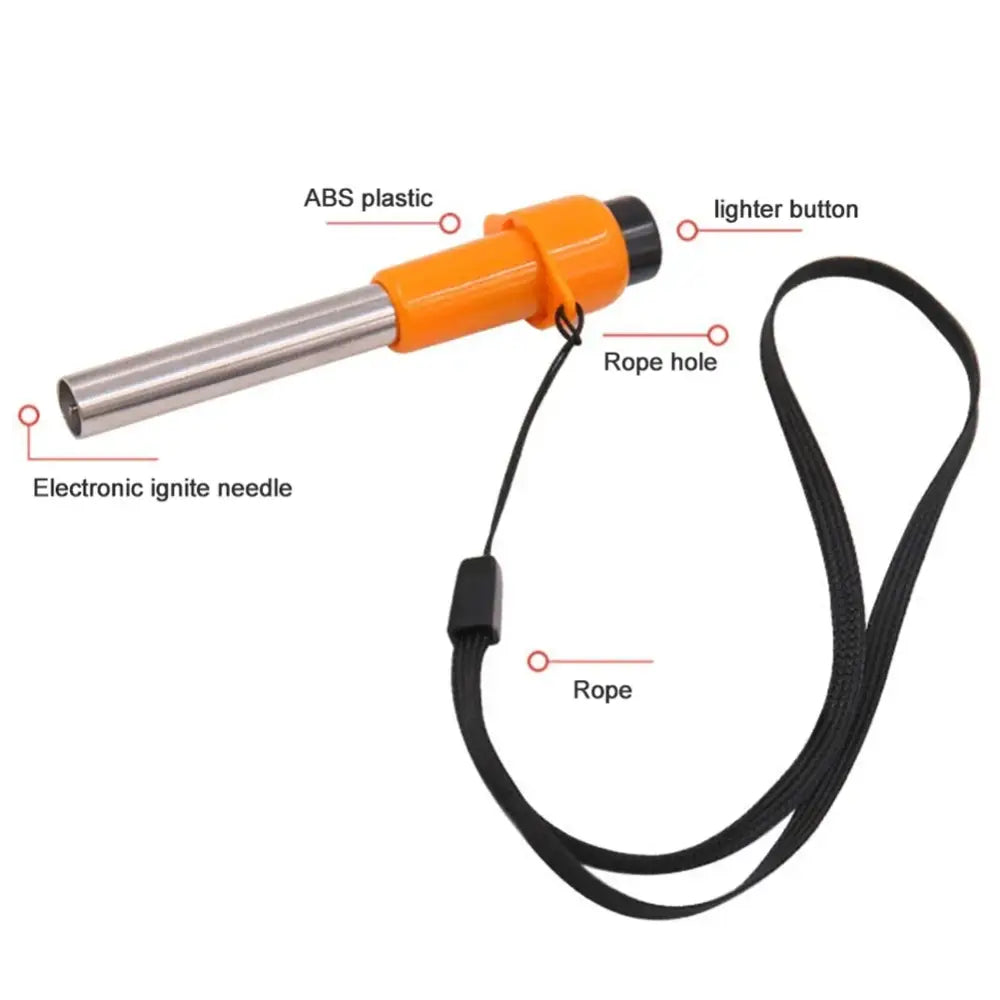 Handheld fire starter tool with an orange plastic handle and metal ignition rod attached to a black lanyard.