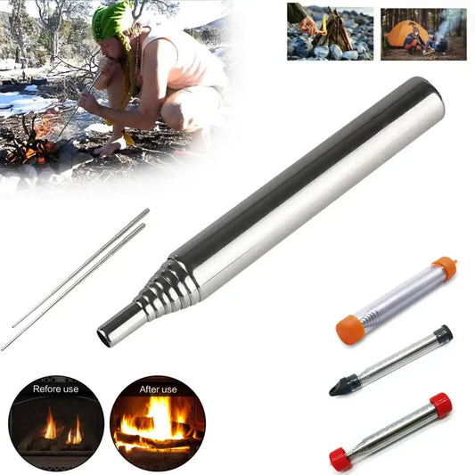 Fire blowing tool with a metal tube and various attachments for starting or intensifying fires.