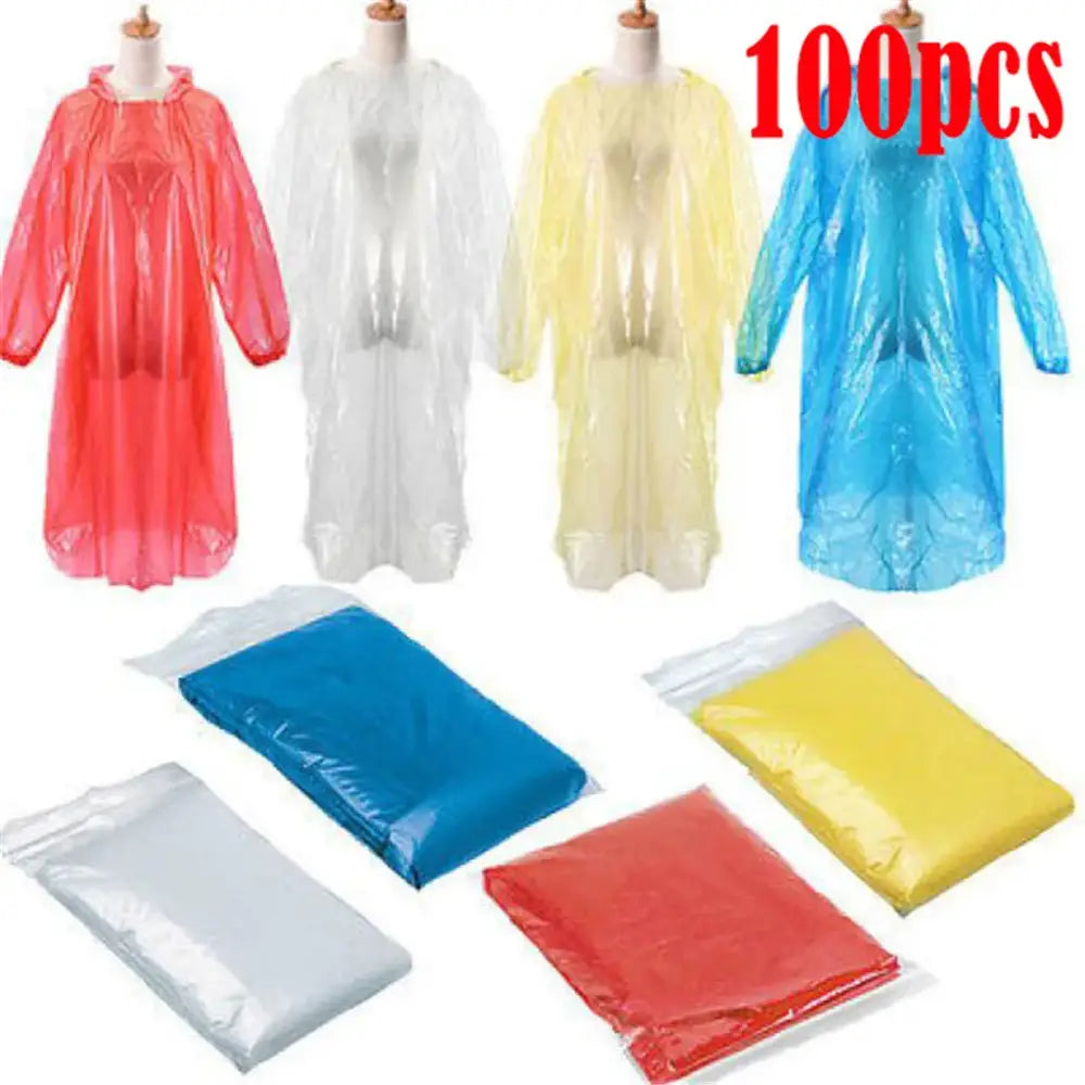 Disposable plastic rain ponchos in various colors with matching packaged sets below.