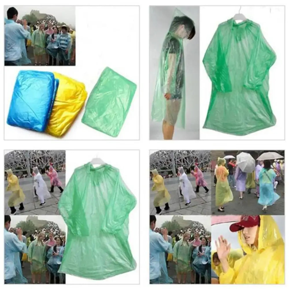 Disposable plastic rain ponchos in various colors.