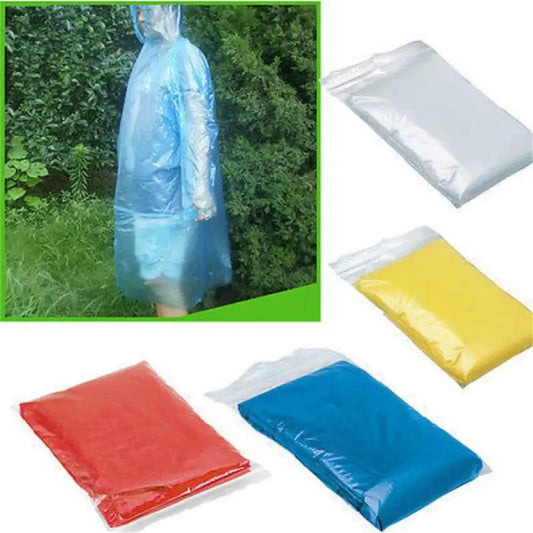 Disposable plastic rain poncho shown alongside various colored plastic sheets or bags.