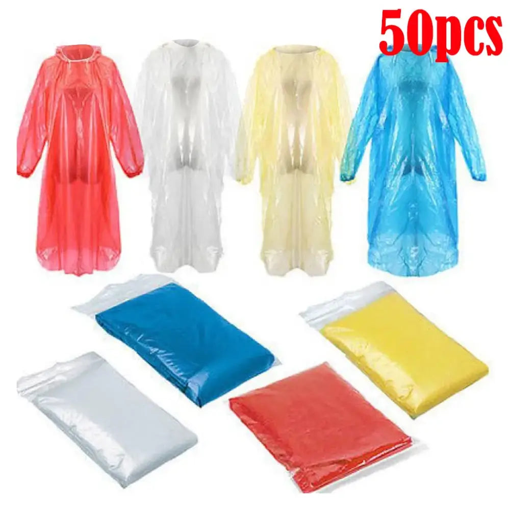 Disposable plastic protective gowns or ponchos in various colors.