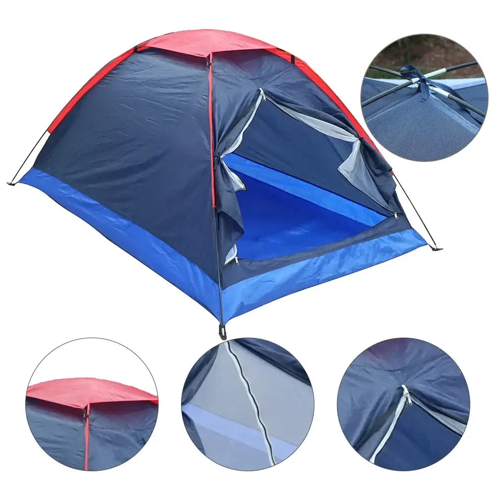 Dome-shaped camping tent in blue, pink, and gray colors.